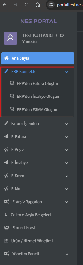 NES Portal — ERP Konnektör menüsü (ERP’den e‑SMM oluştur)